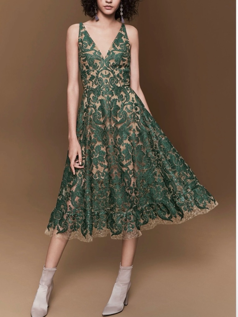 Dress the Population Blair Embellished Fit & Flare Dress Sz S Green Sequins Lace